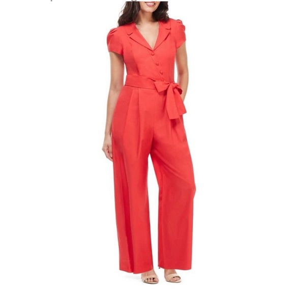 Gal Meets Glam Venetian Red Camille V-Neck Sash Waist Pants Jumpsuit 10 - Picture 4 of 11